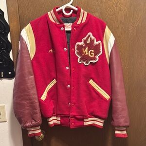 Vintage Varsity Letterman Jacket with Maple Leaf Patch - Red and Brown